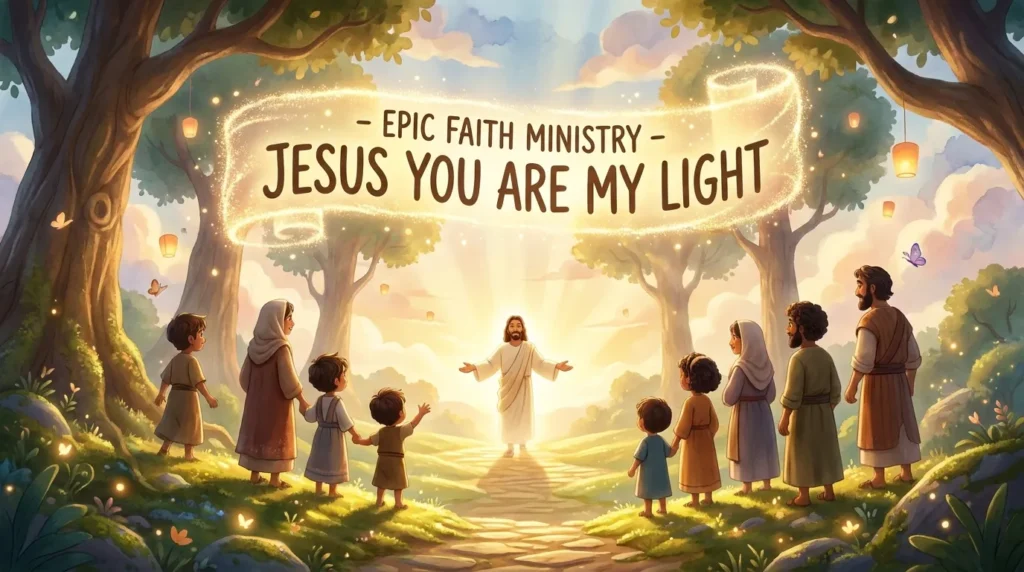 A warm 3D illustration of Jesus radiating soft, golden light in a calm setting.