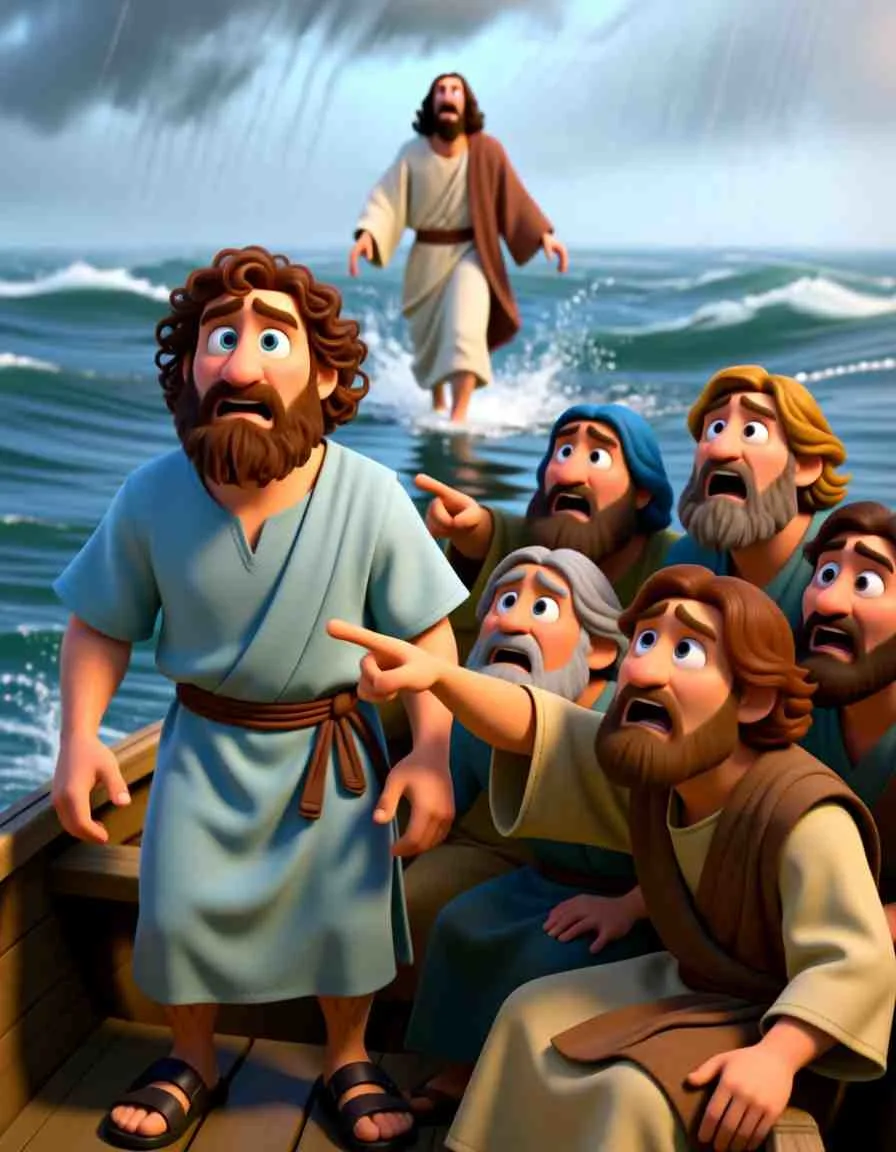 Heartwarming 3D illustration of Jesus in the boat with the wind stopping and the sea becoming perfectly calm.