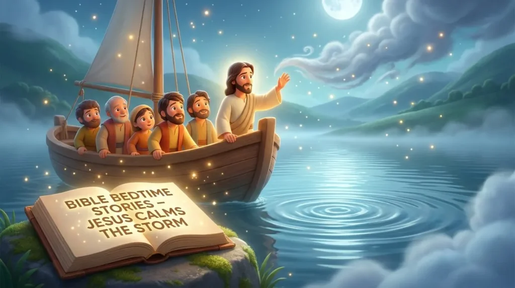 Jesus standing peacefully on a boat during a storm, with waves beginning to calm in 3D.