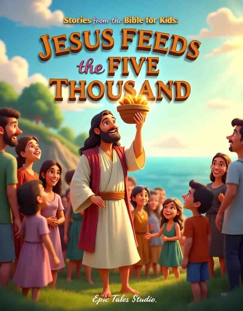 Front cover of Jesus Feeds the Five Thousand children's Bible story book featuring cinematic 3D illustration.
