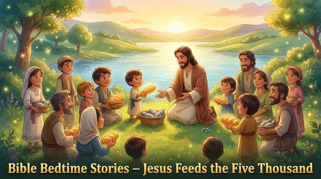 Jesus blessing loaves and fish before a large, hungry crowd in a vibrant 3D landscape.