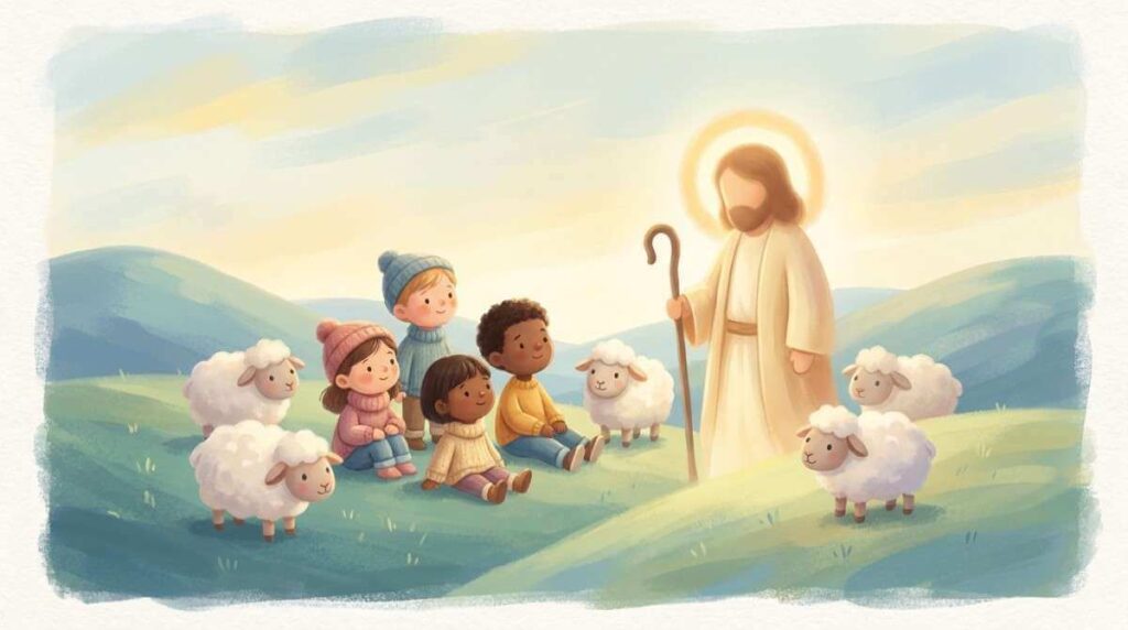 Vibrant Pixar-style scene of children admiring nature and praising God for creation.