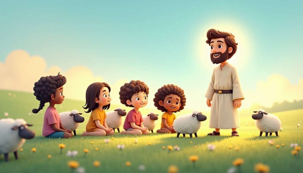 3D watercolor style illustration of Jesus sitting in a meadow with children and sheep.