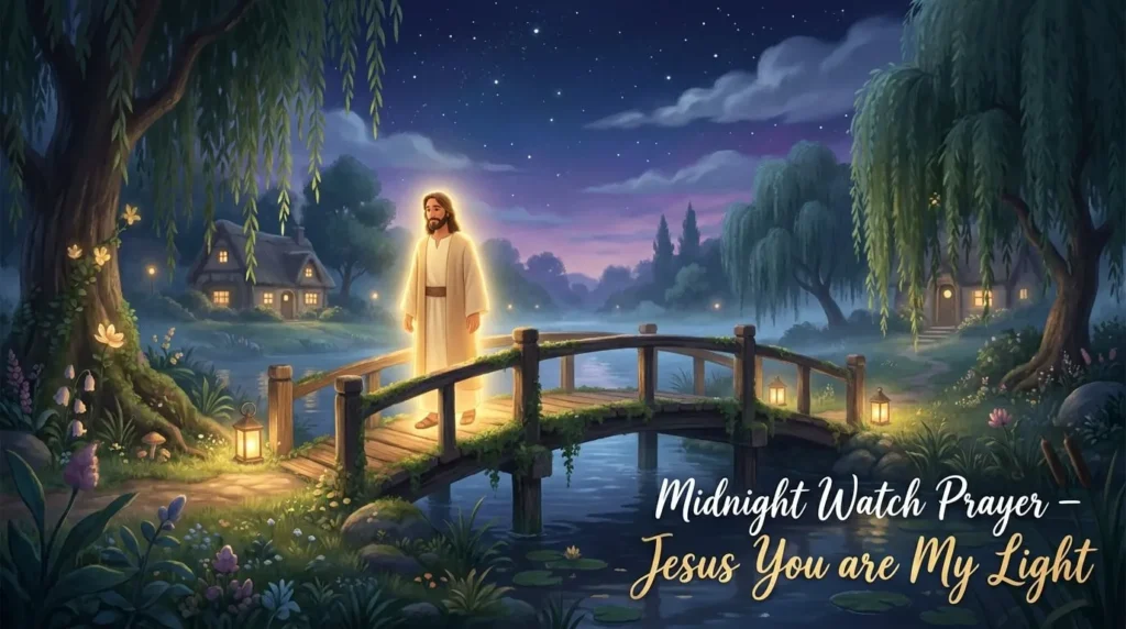 Warm 3D illustration of Jesus radiating soft, golden light in a calm evening.