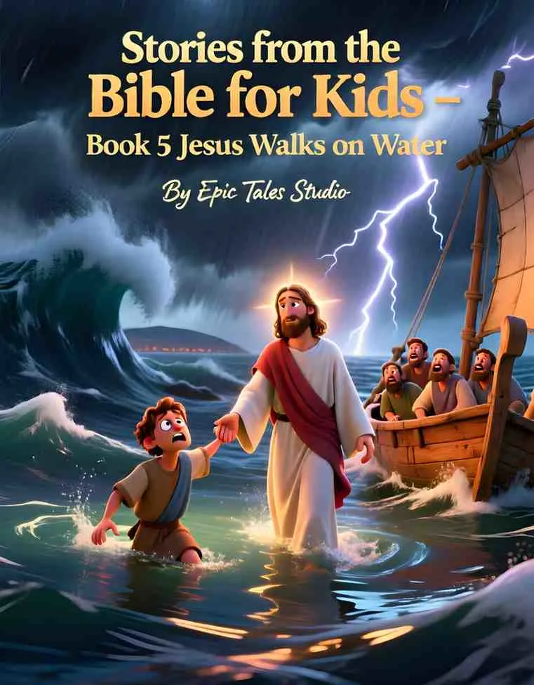 Front cover of Jesus Walks on Water children's Bible story featuring 3D cinematic art.