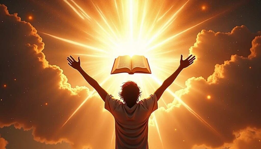 Dramatic cinematic lighting with a figure praising God, representing a powerful song of faith.