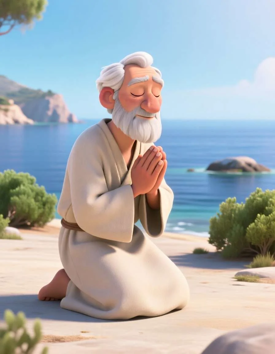 3D cartoon illustration of a kind man with a white beard sitting on a rocky shore looking at the ocean.