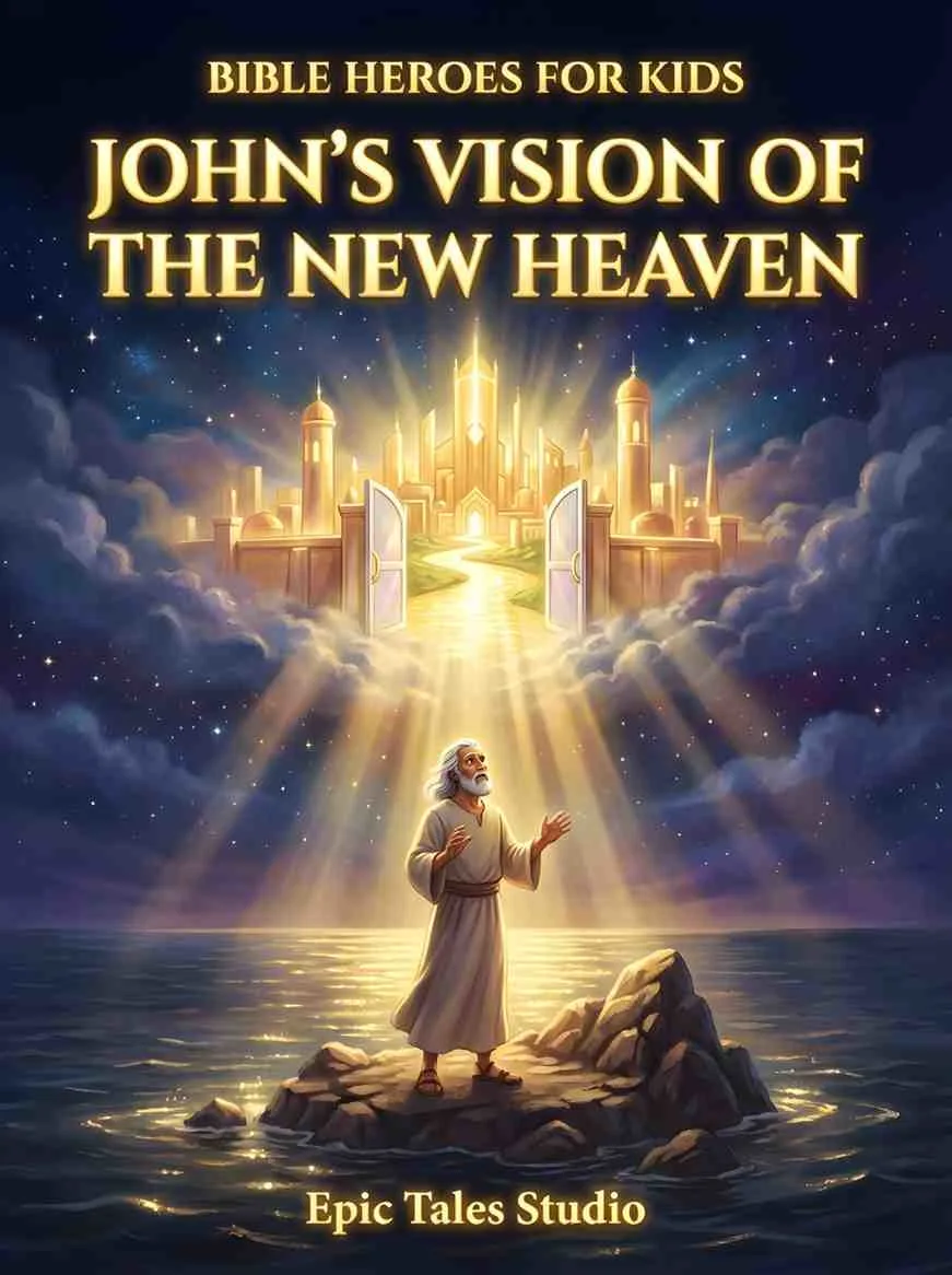 Front cover of the children's book featuring cinematic 3D art of an elderly man looking at a glowing city in the sky.