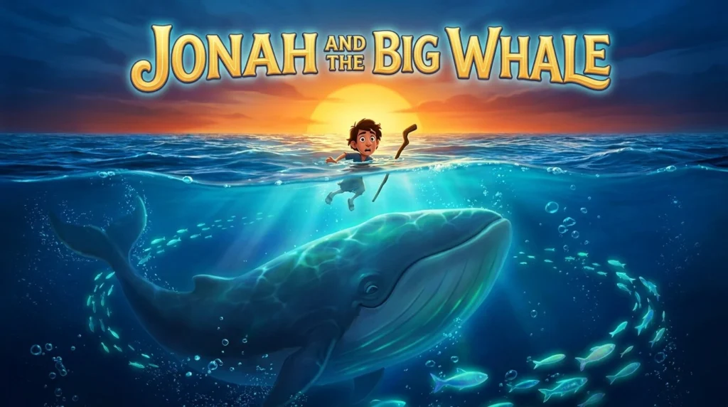 Jonah in the ocean with a massive whale approaching from below, 3D animated scene.