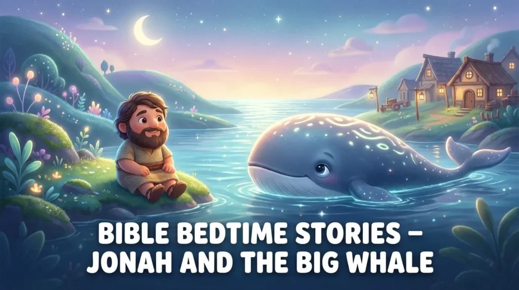 Jonah in the ocean with a massive, friendly-looking whale approaching in 3D style.