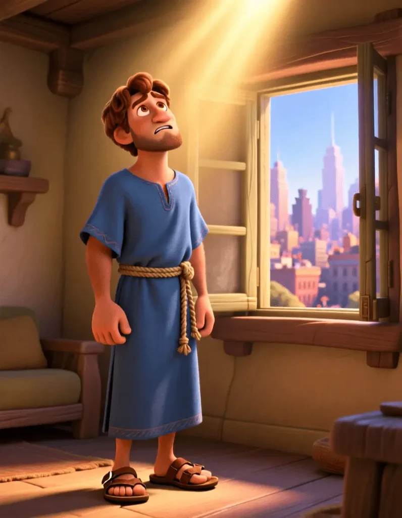 3D cartoon illustration of Jonah standing by a window receiving a message from God in a sun lit room.