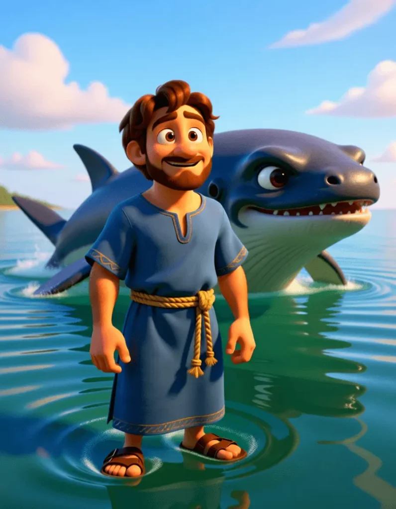 Friendly giant whale appearing in the ocean behind Jonah after the storm calmed, 3D Pixar-style art.