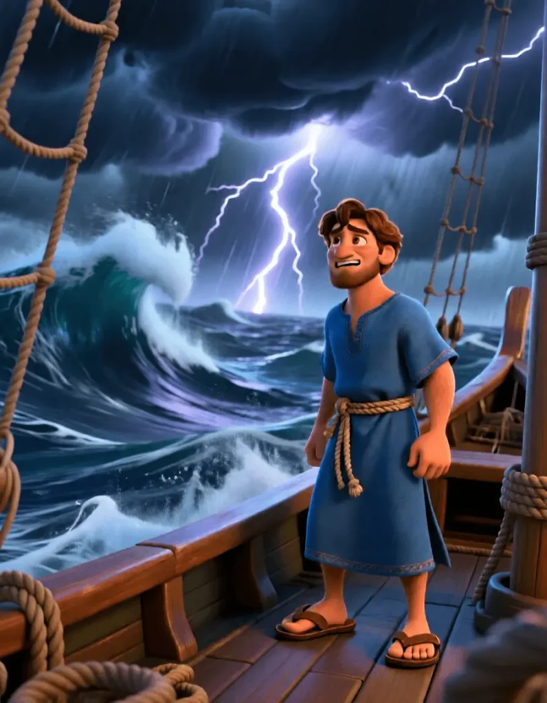 Cinematic 3D scene of Jonah on a wooden ship during a fierce ocean storm with lightning and huge waves.