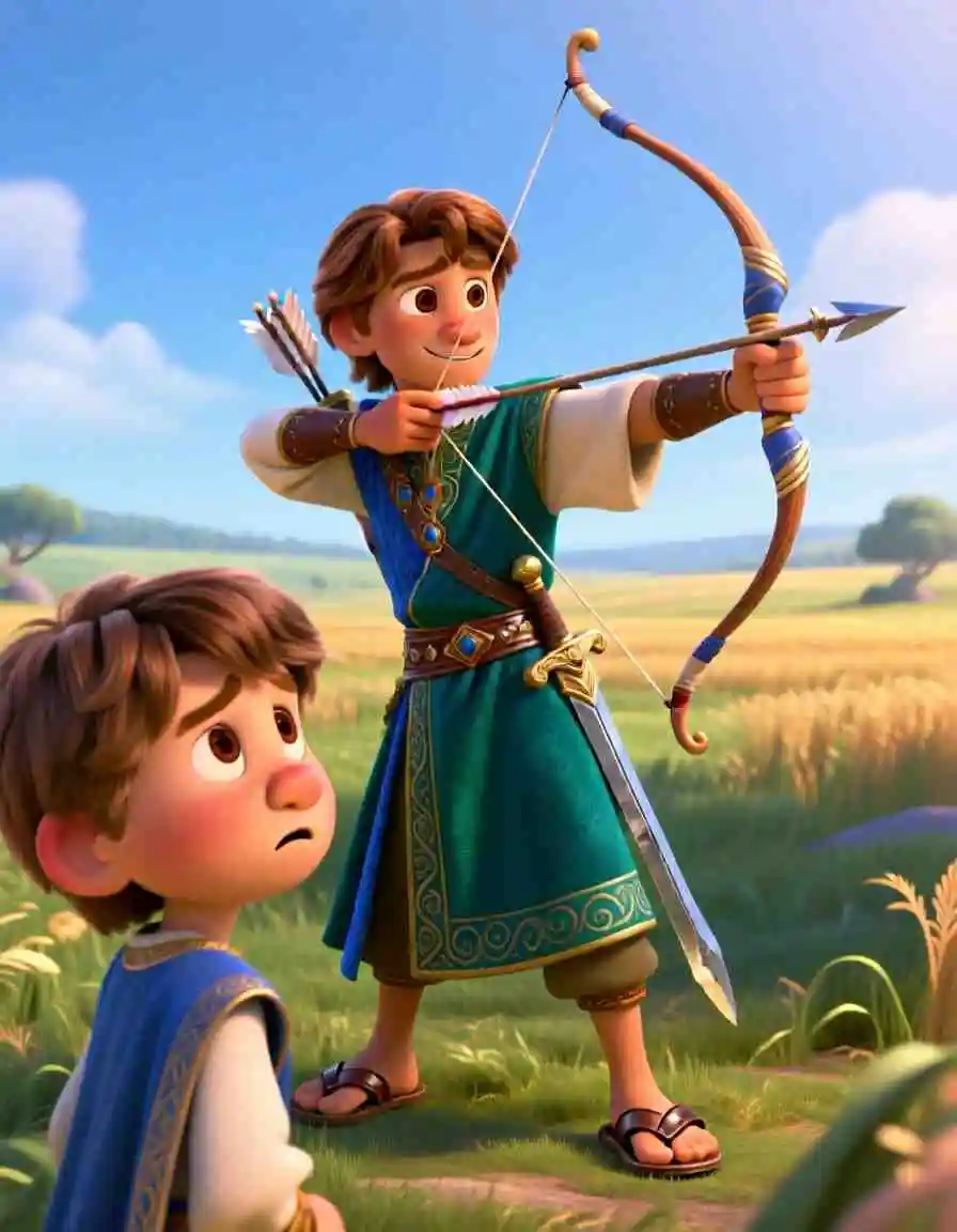 Cinematic 3D scene of a young man shooting arrows into a field as a secret signal to his hidden friend.