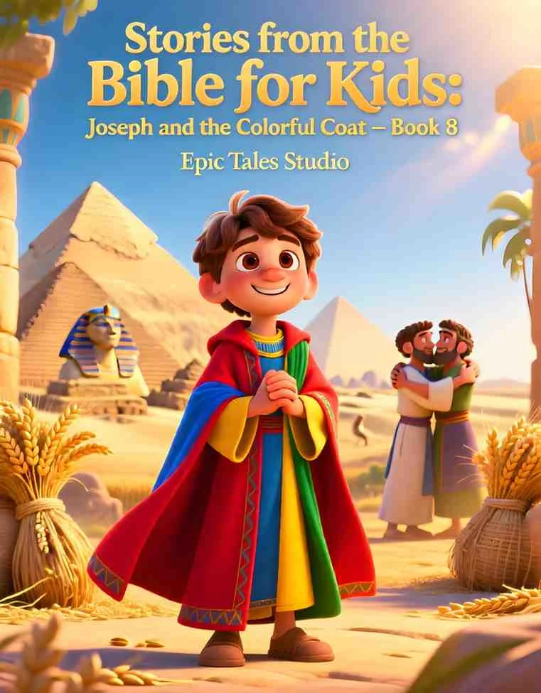 Front cover of Joseph and the Colorful Coat children's Bible story book featuring 3D cinematic illustration.