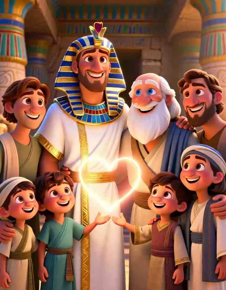 Heartwarming 3D illustration of Joseph happily embracing his brothers and father in a desert setting.