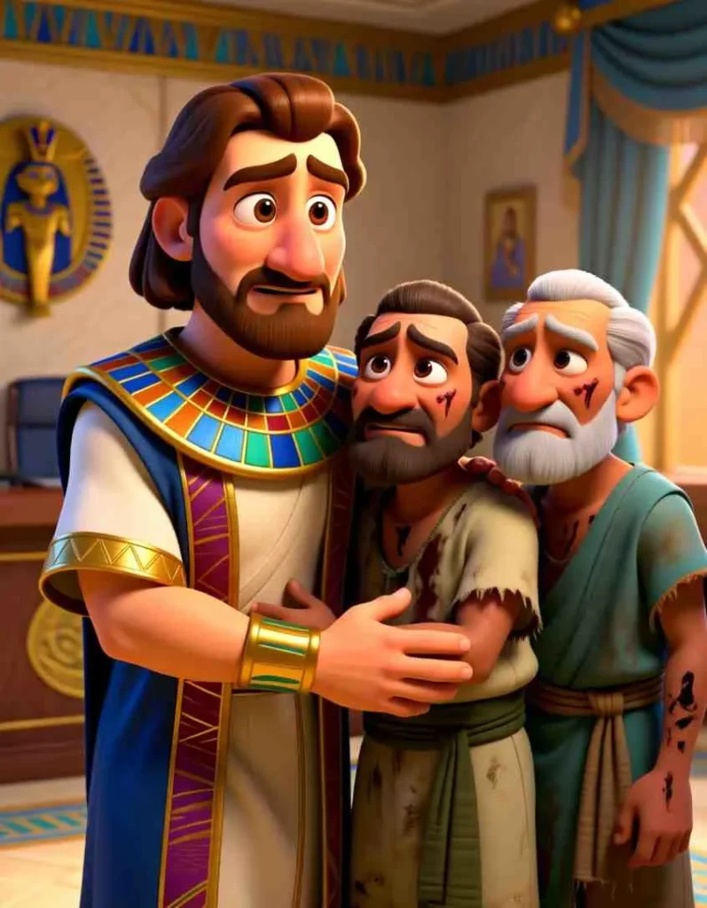 Heartwarming 3D illustration of Joseph showing kindness and forgiveness, ending his journey with happiness.