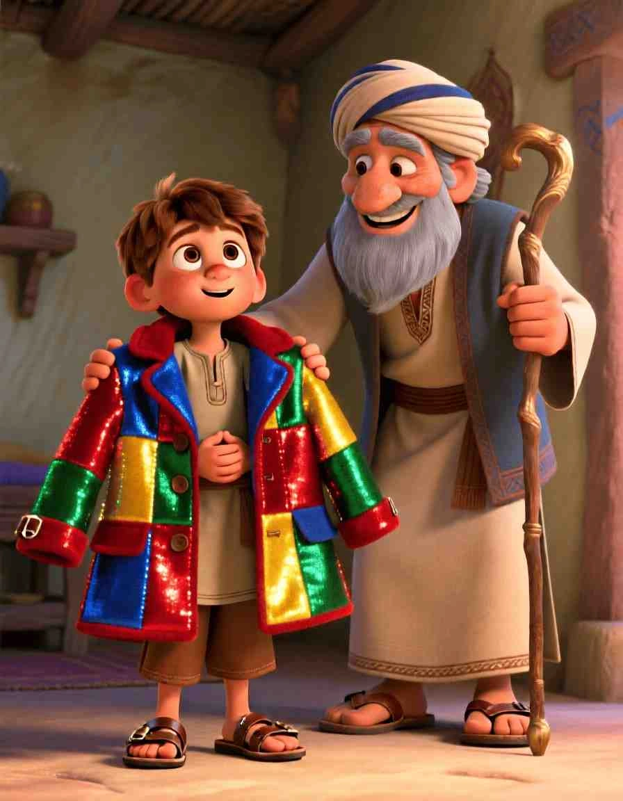 3D cartoon illustration of a father giving his son a vibrant, multi-colored coat in a sunlit field.