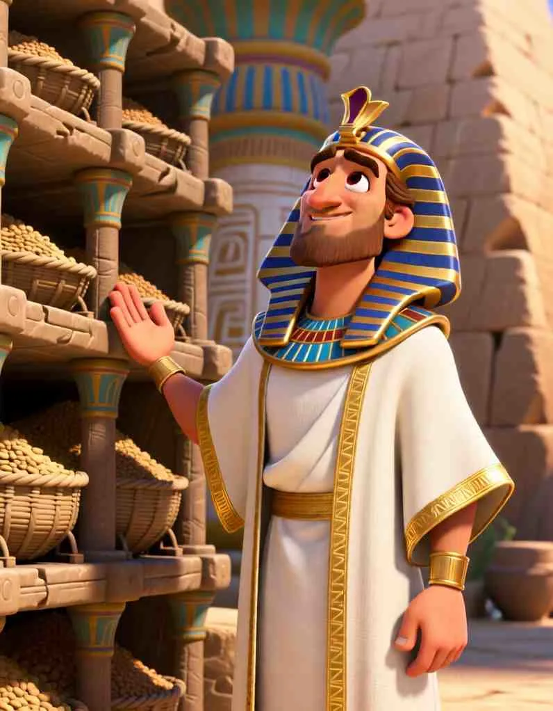3D cartoon illustration of Joseph in royal robes standing in a grand Egyptian palace with golden pillars.