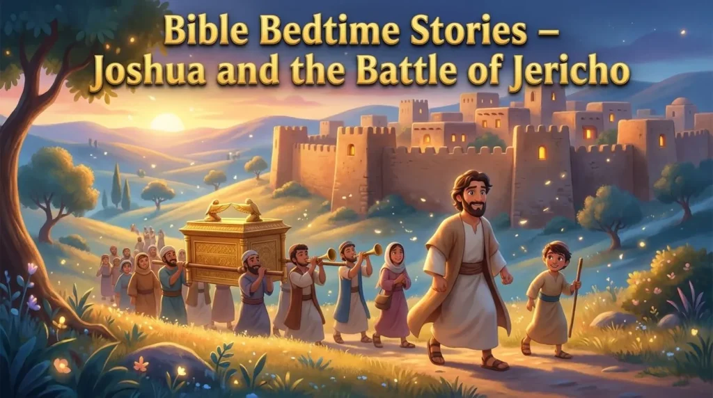 Joshua leading the Israelites around the tall walls of Jericho at dusk, 3D animation.