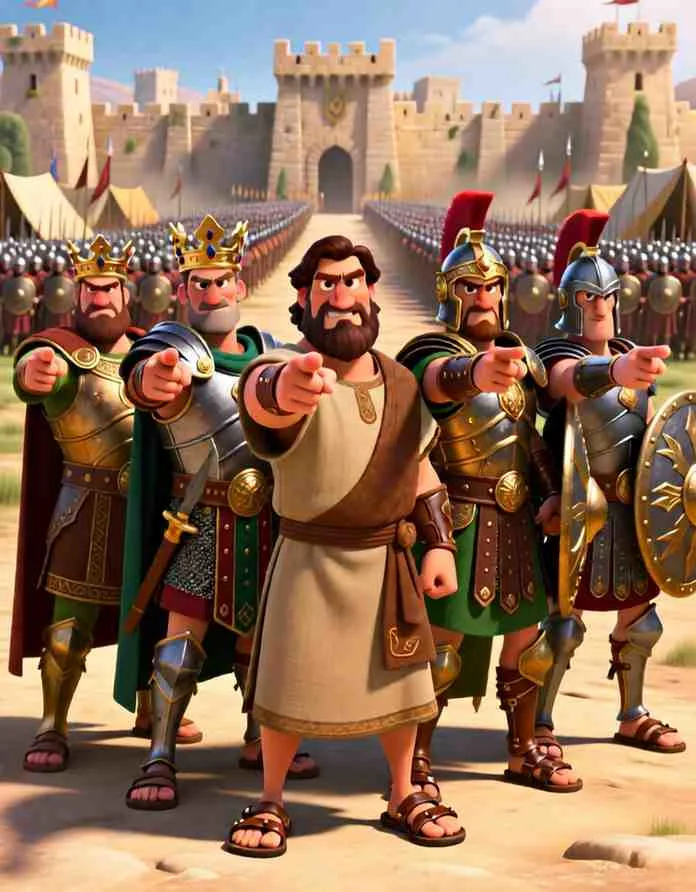 3D cartoon illustration of a brave leader marching forward with a strong army across a rocky landscape.