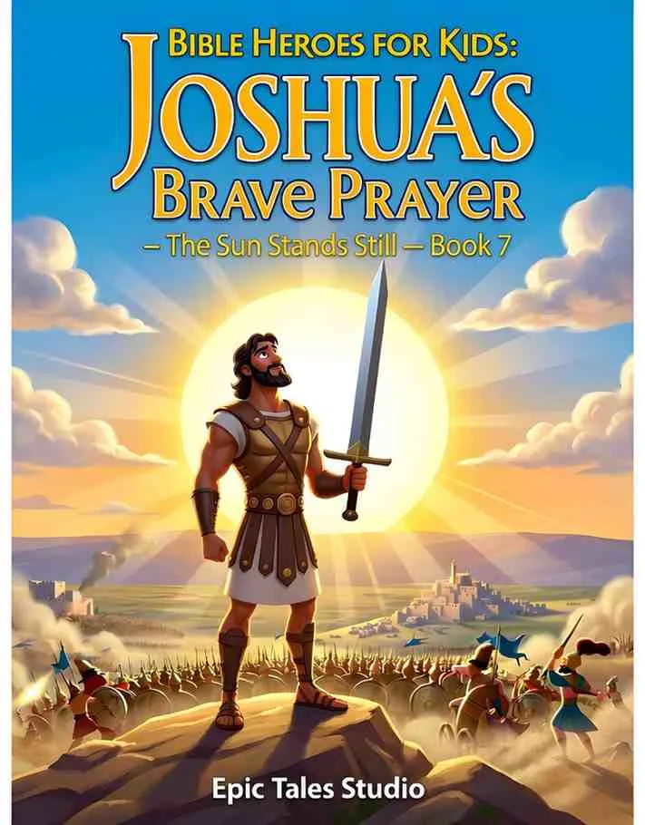 Front cover of the children's book featuring cinematic 3D art of Joshua praying under a bright golden sun.