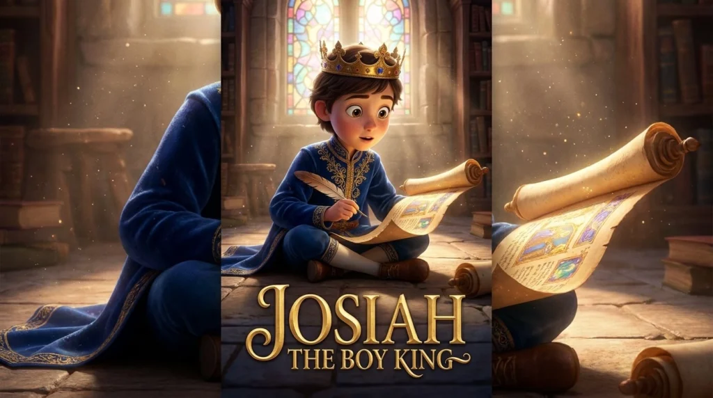 Young King Josiah in a crown reading an ancient scroll, 3D cinematic children's style.