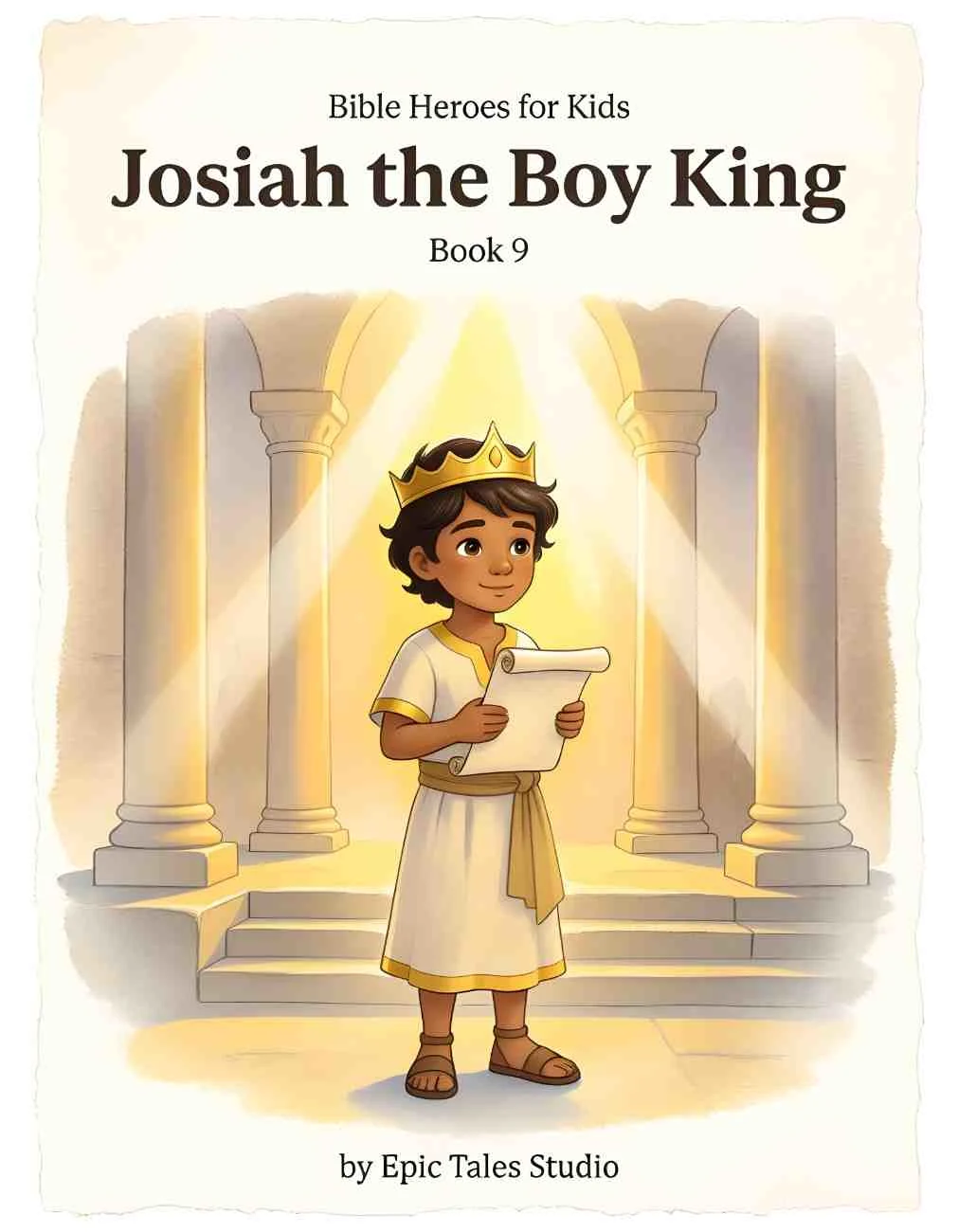 Front cover of Josiah the Boy King children's book featuring cinematic 3D art of a young boy in royal robes.