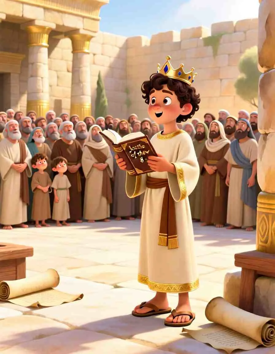 Heartwarming 3D illustration of a young king standing before a large crowd, reading from a scroll with a bright, hopeful face.