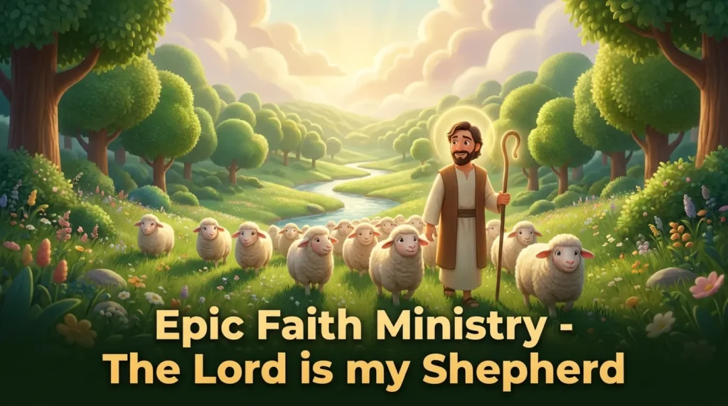 3D Pixar-style Jesus as a shepherd with a staff in a peaceful green valley.