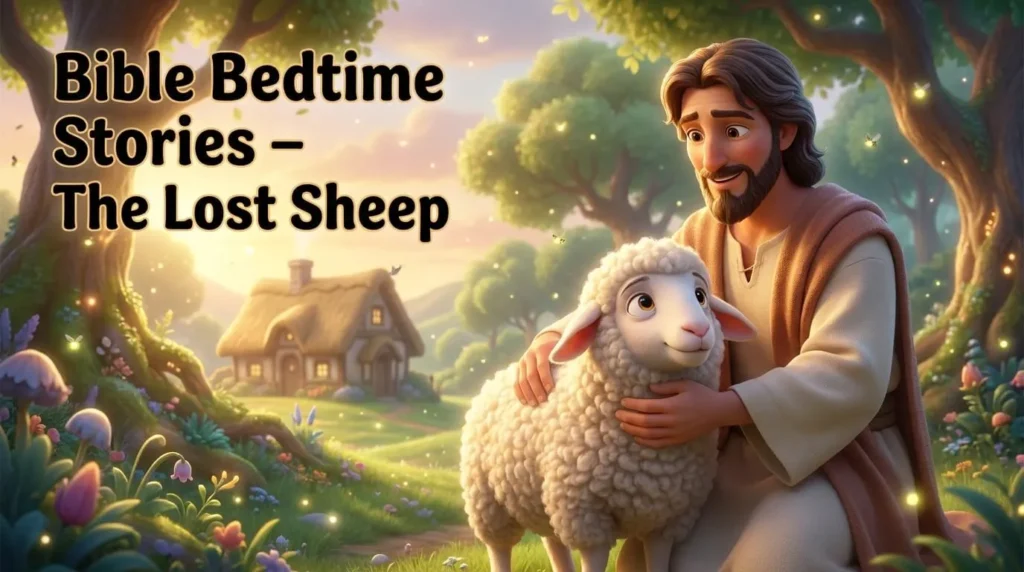 A gentle shepherd carrying a fluffy white lamb through a peaceful valley in 3D.