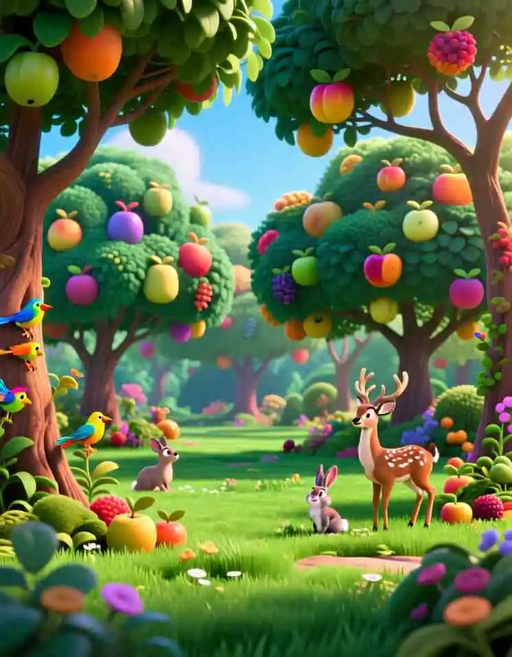 Adam and Eve in the Garden of Eden – Calm Bedtime Bible Story 3D cartoon illustration of a vibrant paradise with waterfalls, colorful flowers, and peaceful animals.