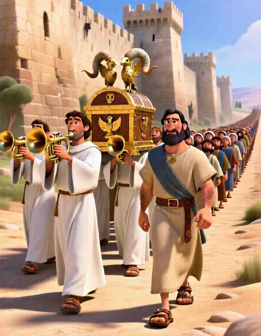 Joshua and the Battle of Jericho – Calm Bedtime Bible Story Cinematic 3D scene of people blowing golden trumpets and marching faithfully around the city walls.