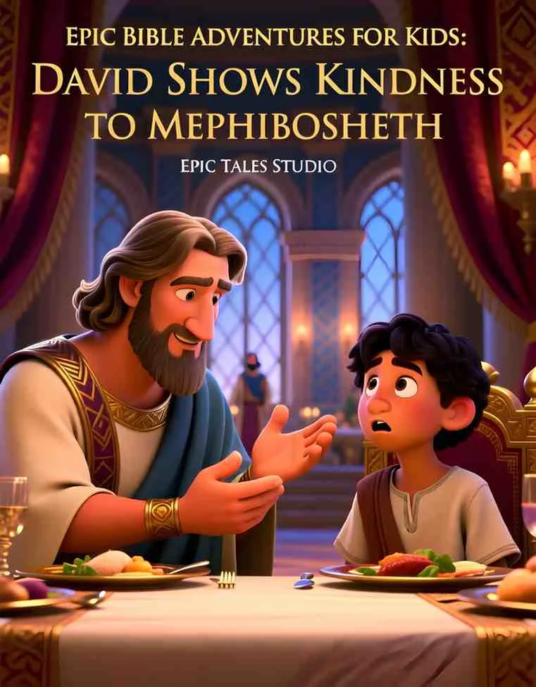 Front cover of David and Mephibosheth children's book featuring cinematic 3D art of a king and a young man.