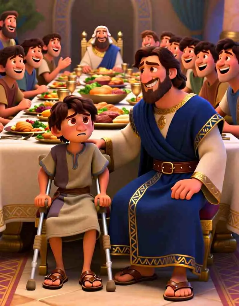 Heartwarming 3D illustration of a young man smiling while sitting at a long, golden table filled with food and friends.