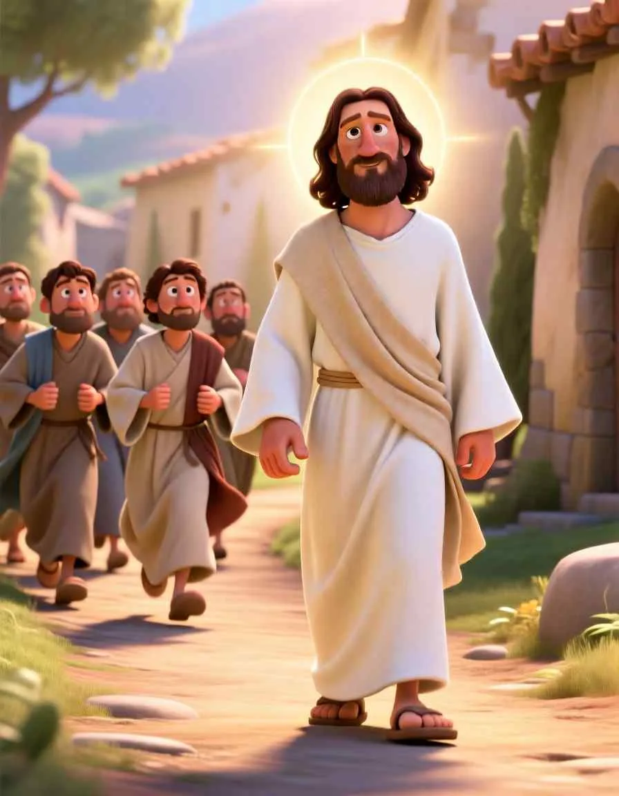 Cinematic 3D scene of messengers in tunics talking to Jesus on a dusty road surrounded by a crowd.