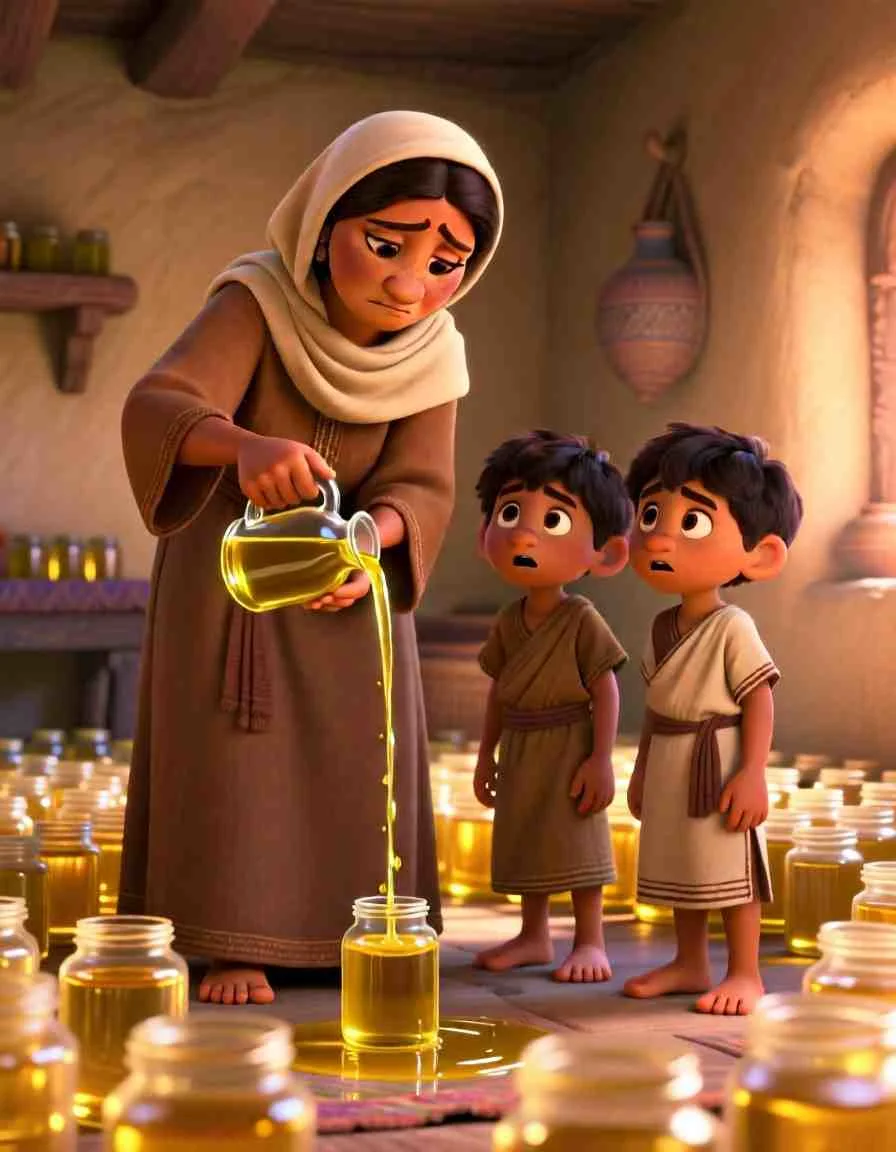 Cinematic 3D scene of golden oil pouring from a small jar into a large one, with a warm, magical glow.