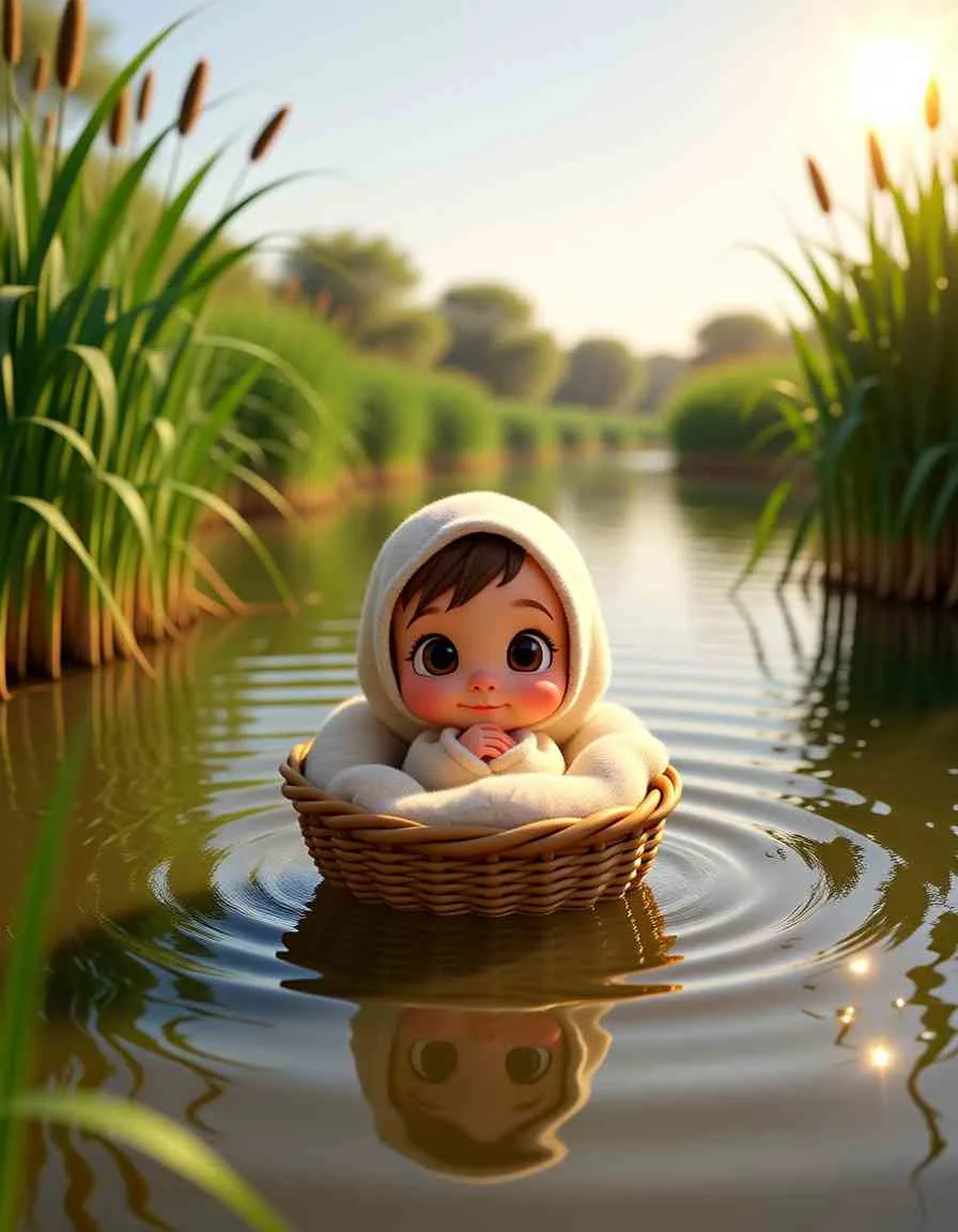 3D cartoon illustration of a small reed basket floating safely among tall green plants in a river.