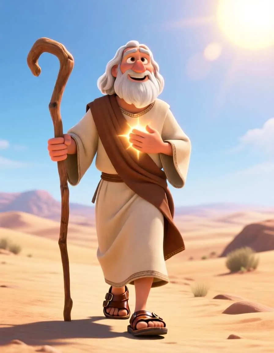 Heartwarming 3D illustration of Moses standing bravely with a heart filled with new courage.