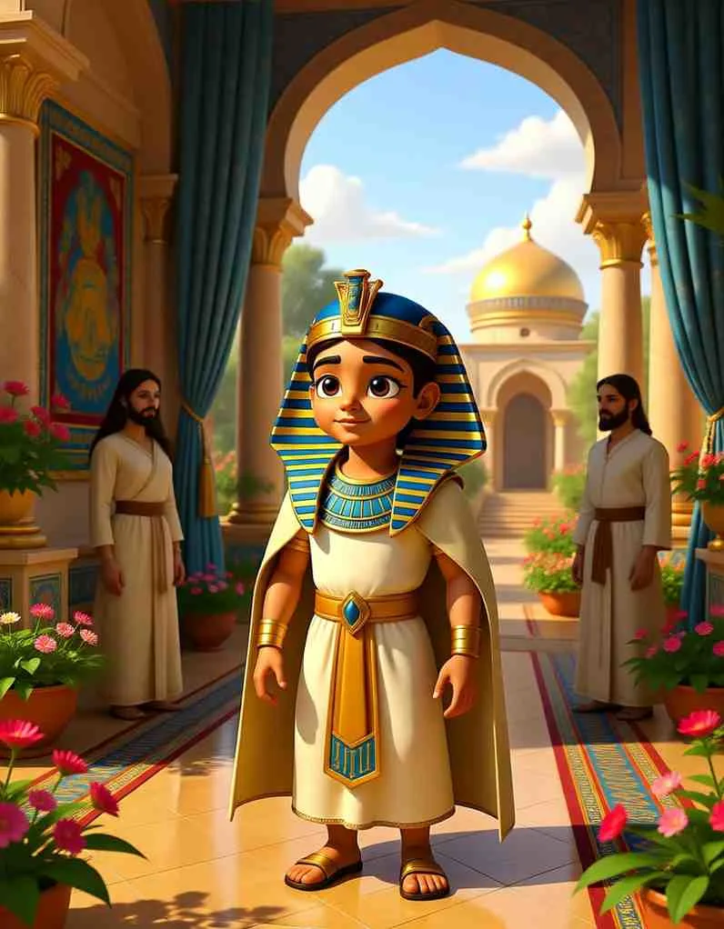 Heartwarming 3D illustration of a young boy surrounded by the beautiful gardens and pillars of an Egyptian palace.