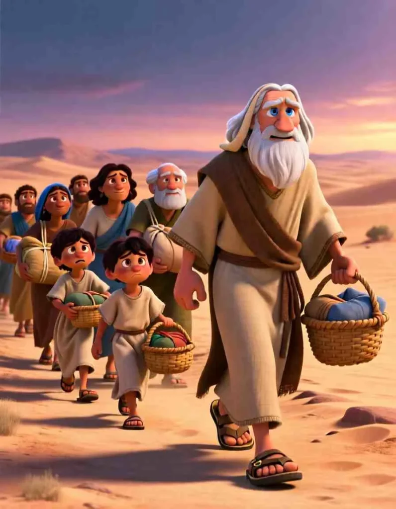 Moses and the Red Sea 3D cartoon illustration of Moses holding his staff and leading a group of people through the desert.