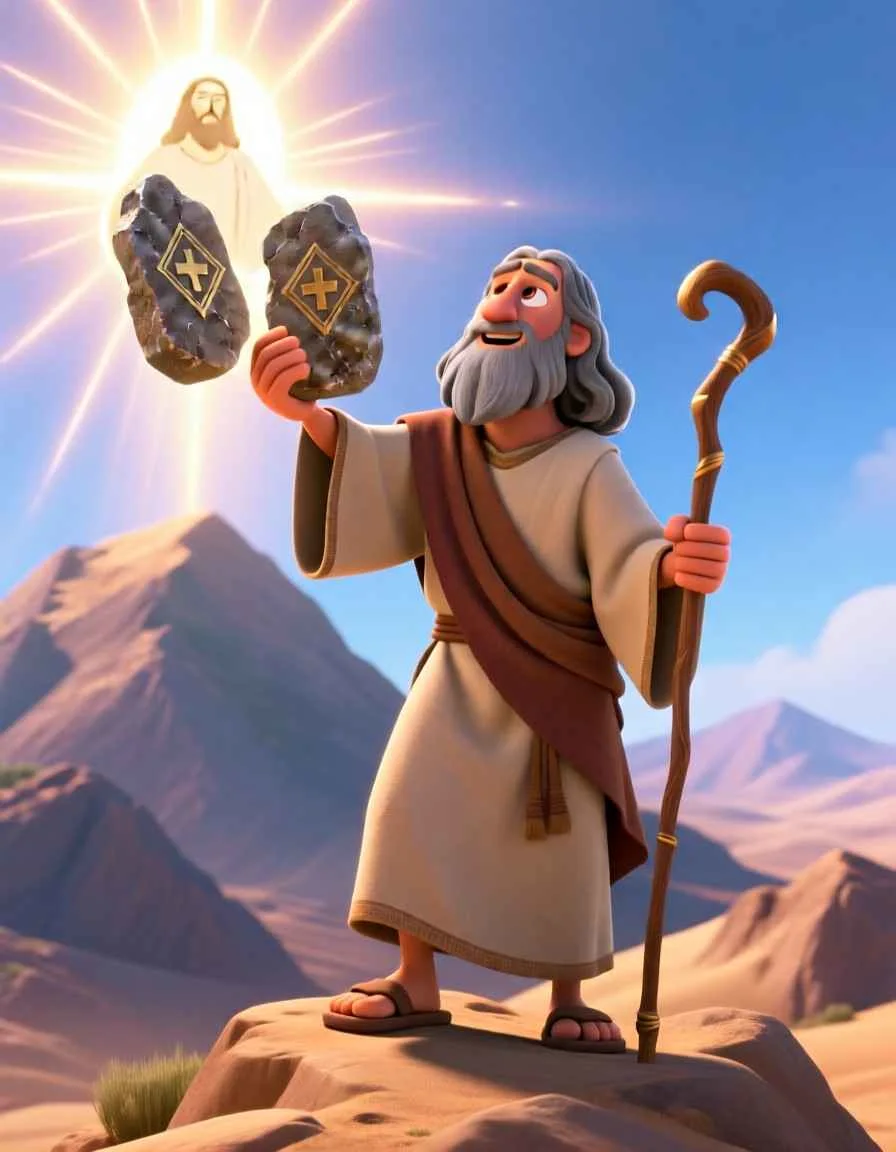 Heartwarming 3D illustration of Moses holding two stone tablets under a bright, hopeful sky.