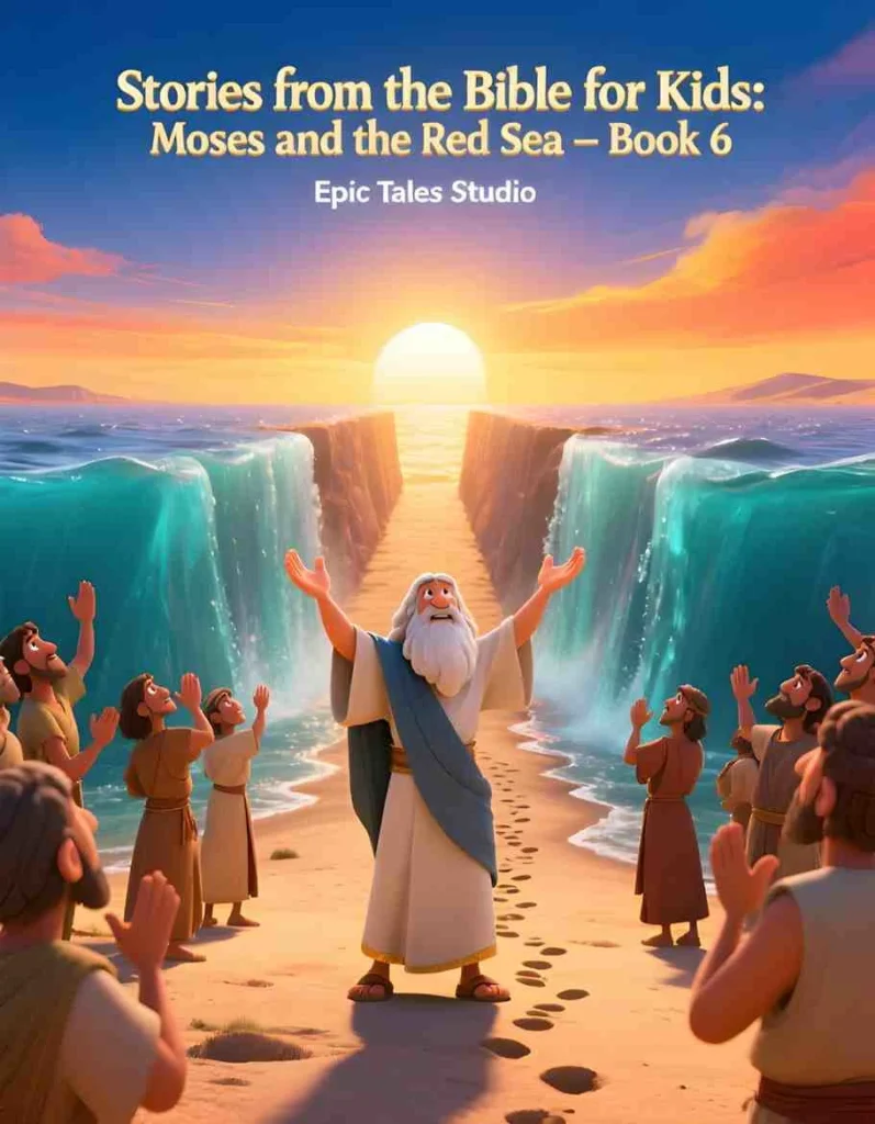 Moses and the Red Sea Front cover of Moses and the Red Sea children's Bible story book featuring 3D cinematic art.