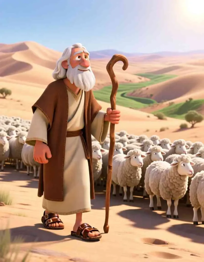 3D cartoon illustration of Moses as a shepherd leading sheep through green valleys and sandy hills.