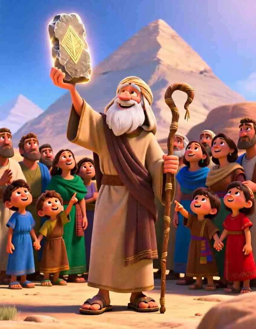 Heartwarming 3D illustration of Moses standing before a large group of people, sharing a message of love.
