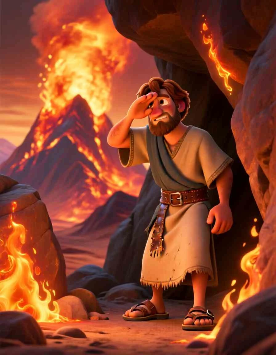 Cinematic 3D scene of a rocky mountain peak with swirling winds and bright orange fire blazing across the stones.