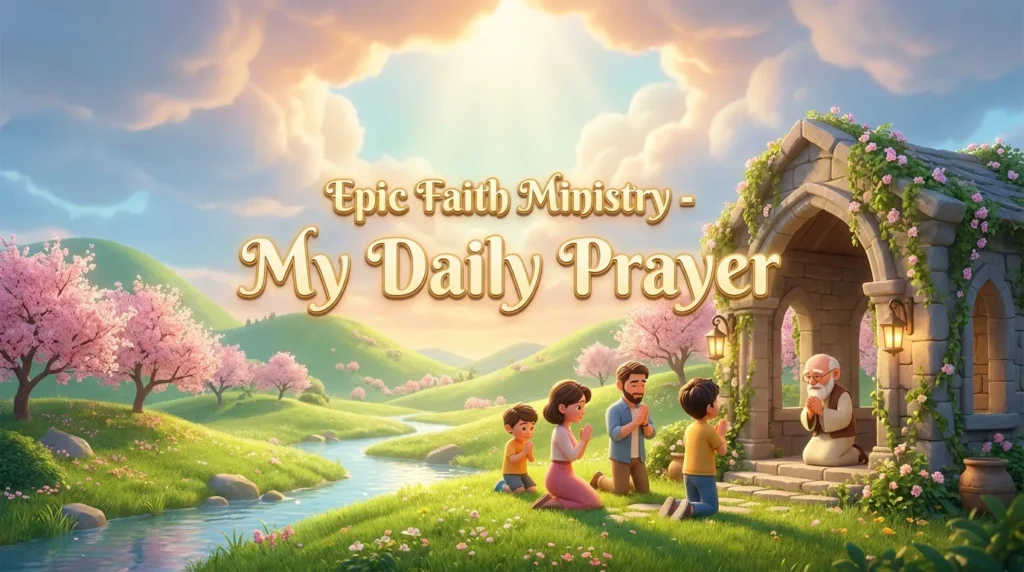 A soft 3D scene of a person praying at dawn with a sunrise in the background.
