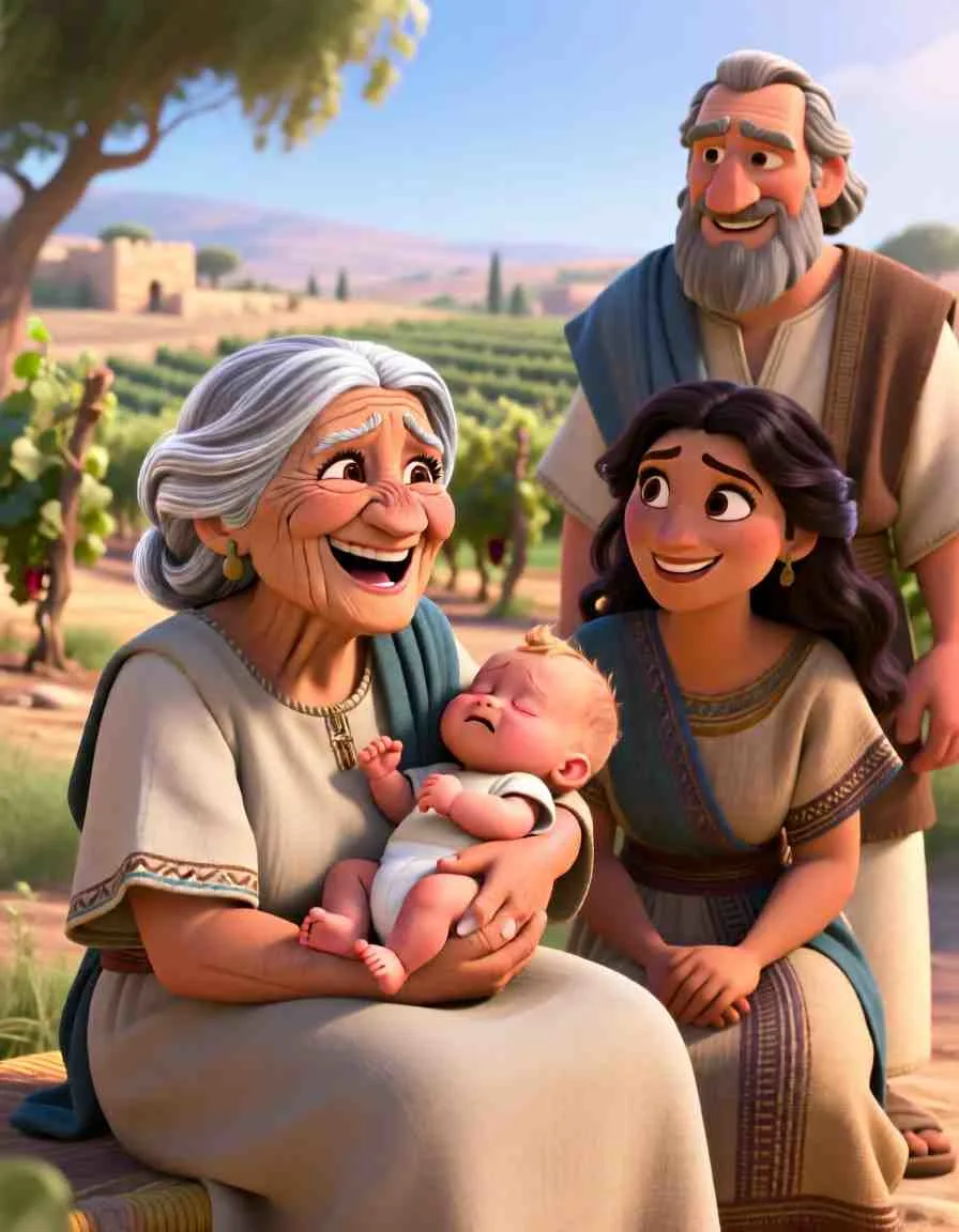 Heartwarming 3D illustration of Naomi happily holding a baby, surrounded by her loving family.