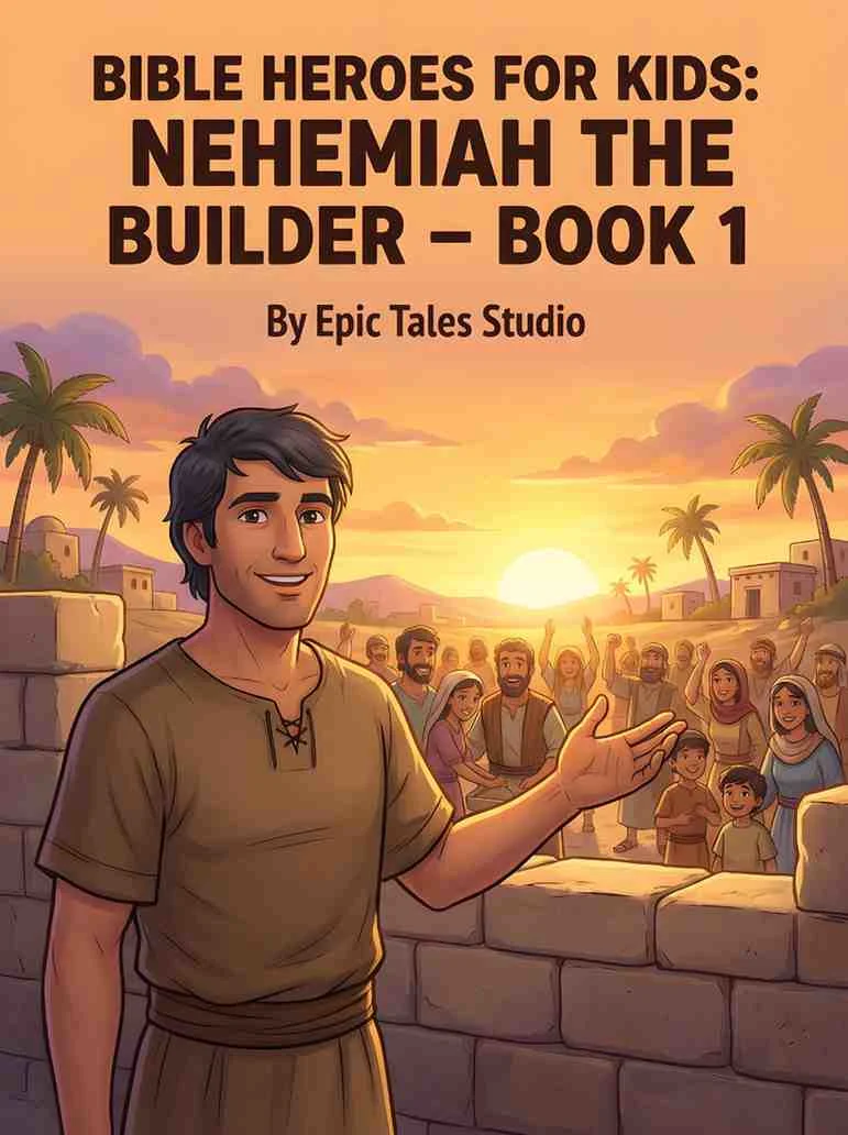 Front cover of Nehemiah the Builder children's book featuring cinematic 3D art of the city walls.