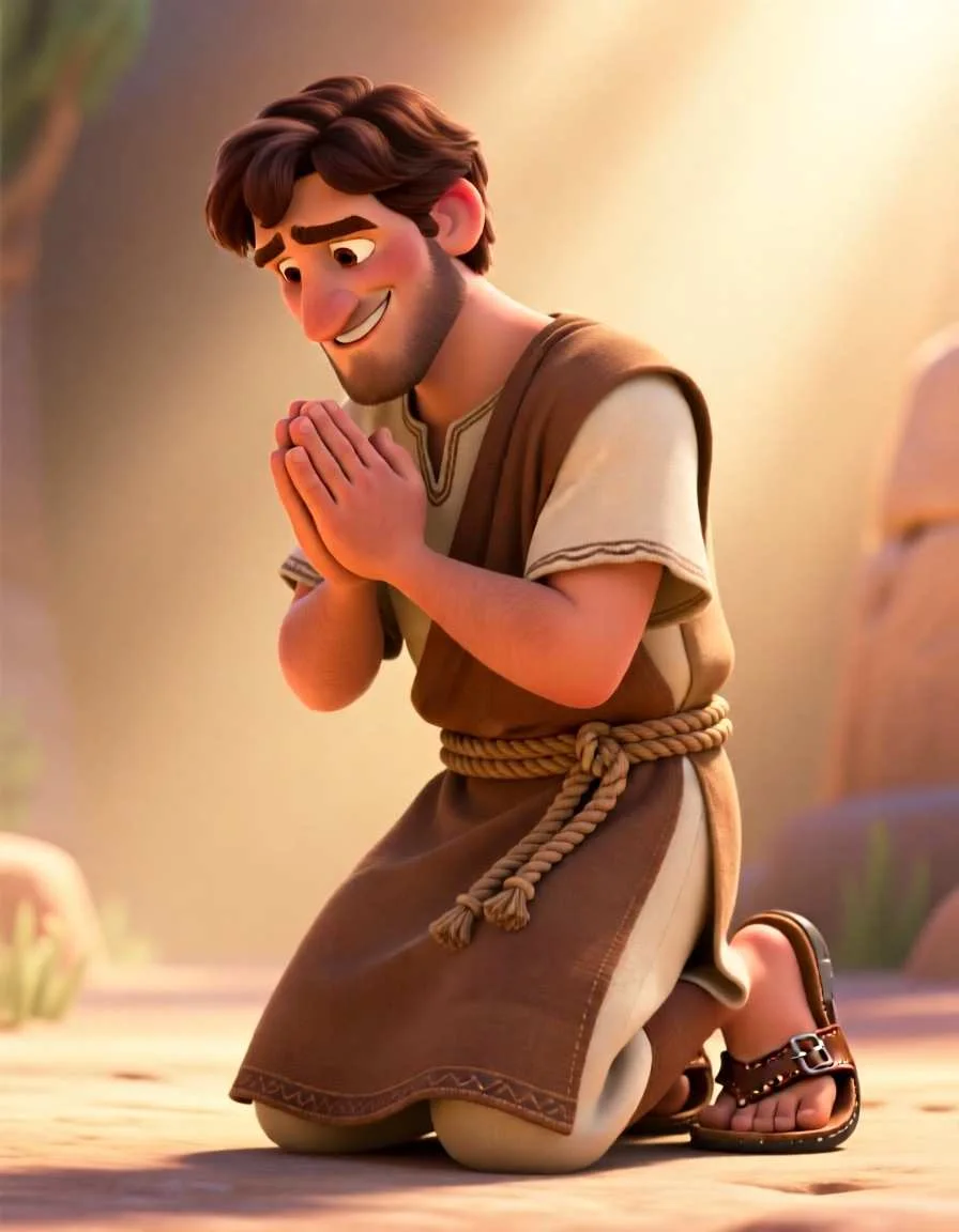 3D cartoon illustration of a man looking hopeful and praying in a grand palace setting.